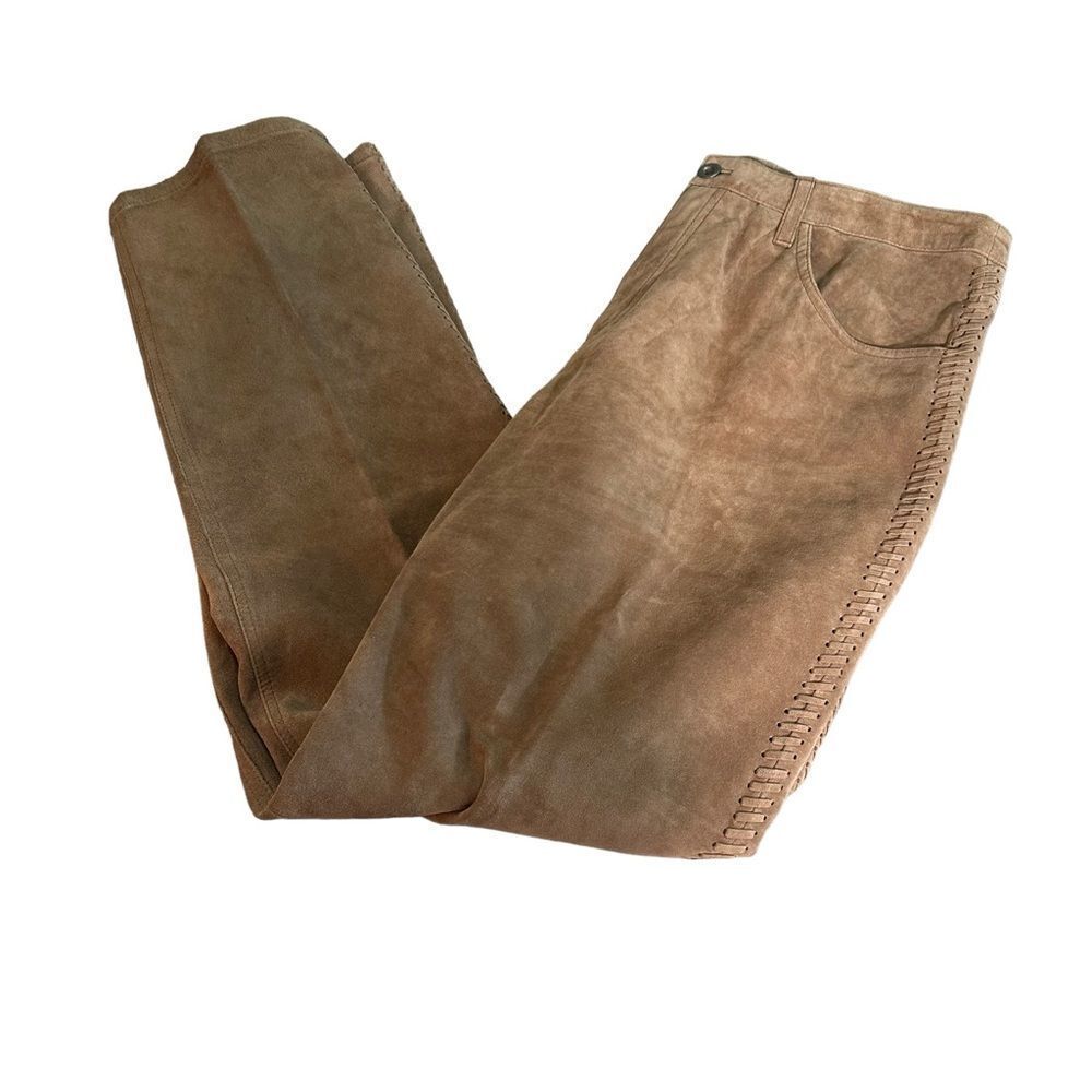 Vintage Chicos Design Womens Tan 100% Suede Straight Leg Pants Sz 33 Waist